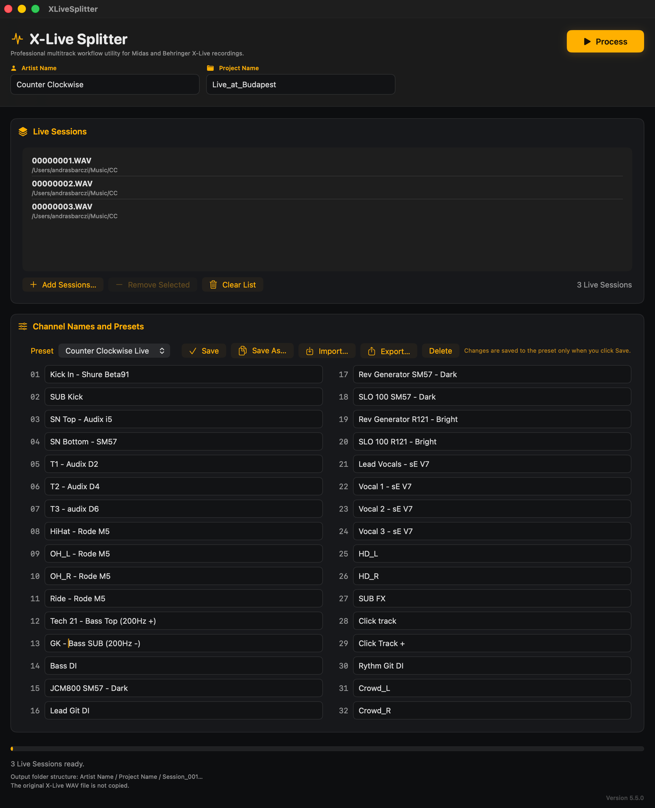 X-Live Splitter application interface